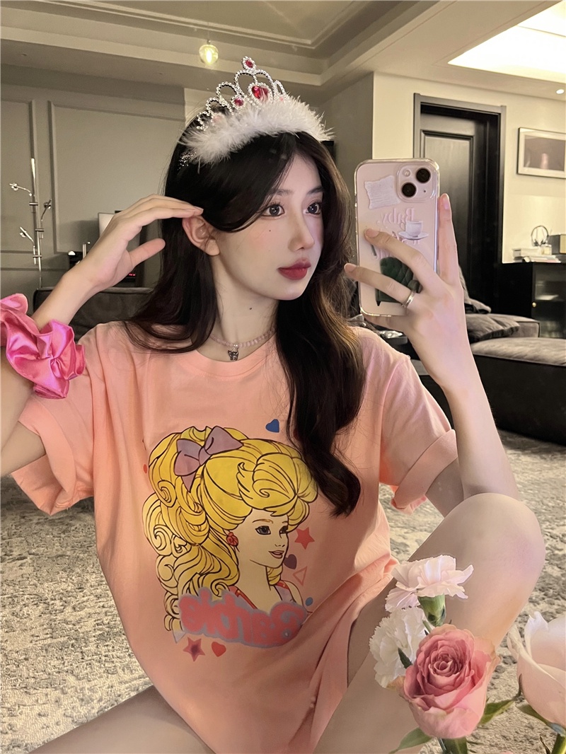 Áo Thun Tay Ngắn Cổ Tròn Dáng Rộng In Hình Barbie Phong Cách Hàn Quốc Thời Trang Mùa Hè 64908