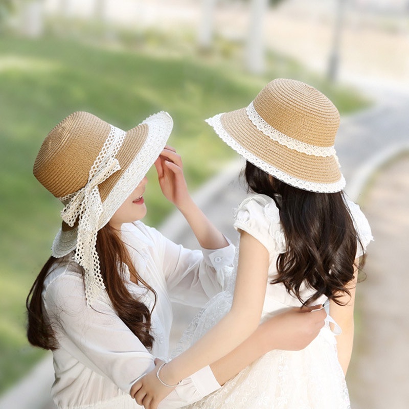 Mũ Cói Chống Nắng Thoáng Khí Đính Nơ Ruy Băng Thời Trang Mùa Hè Cho Mẹ Và Bé