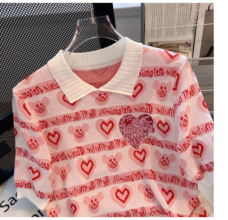 Áo Thun Dệt Kim Tay Ngắn Dáng Rộng Thêu Họa Tiết Trái Tim Phong Cách Mới Thời Trang Mùa Hè