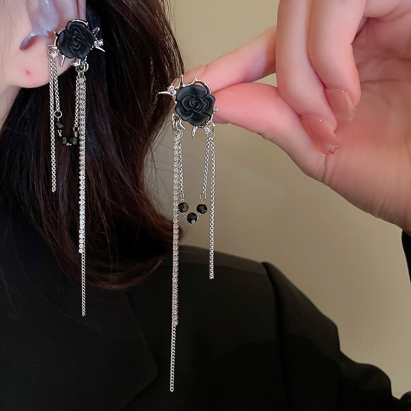 Hoa hồng Zircon Tua dài Bông tai Kẹp Nữ Tinh tế Phong cách Hàn Quốc Thời trang Thời trang Cá tính Bông tai Kẹp