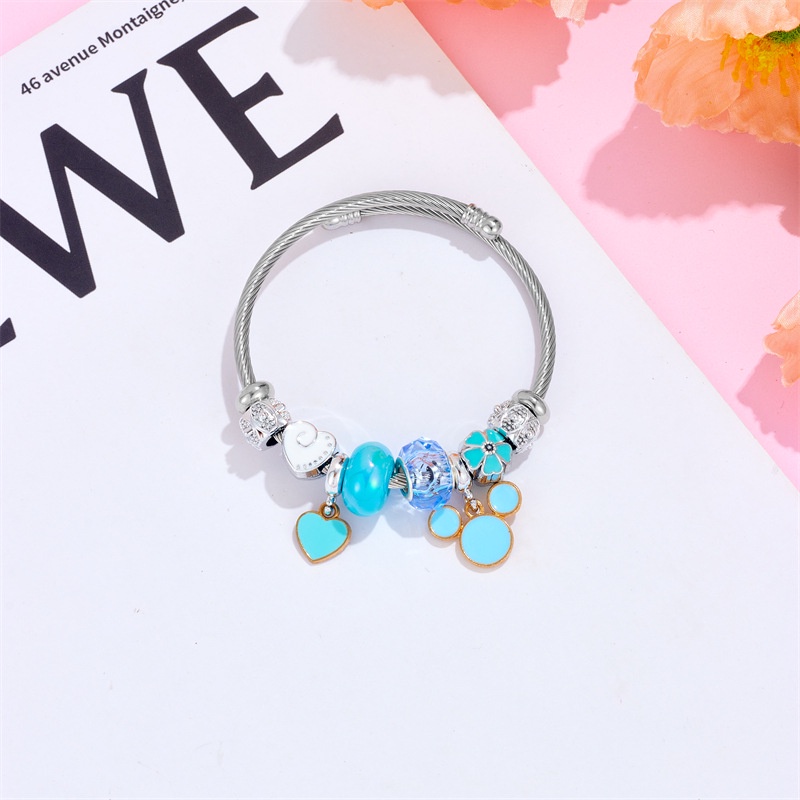 XiaoboACC Stainless Steel Cartoon Mickey Bangles Women Fashion Love Charm Beads Open Bracelets