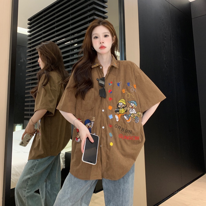 Áo Sơ Mi Tay Ngắn Oversize Thêu Họa Tiết Hoạt Hình Phong Cách Hàn Quốc Cho Nữ