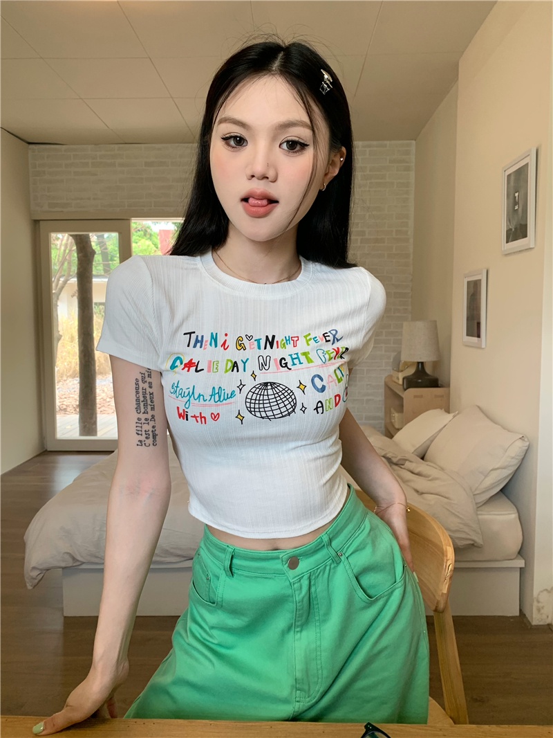 Áo Thun Dáng Ôm Ngắn Tay In Chữ Phong Cách Retro Mỹ 65518