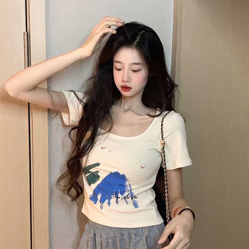 Áo Thun Tay Ngắn Cổ Chữ U In Họa Tiết Thời Trang Hàn Quốc