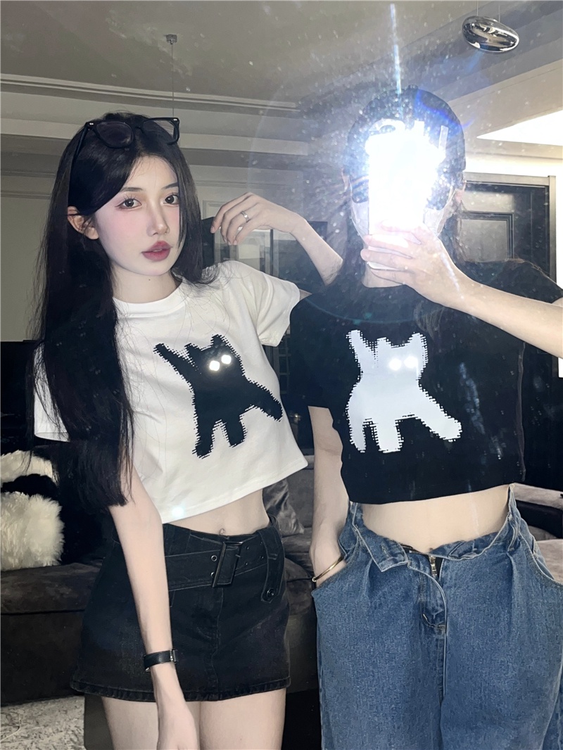 Áo Thun Dáng Ngắn In Họa Tiết Mèo Phong Cách Hàn Quốc Thời Trang Mùa Hè Hàng Mới 65559