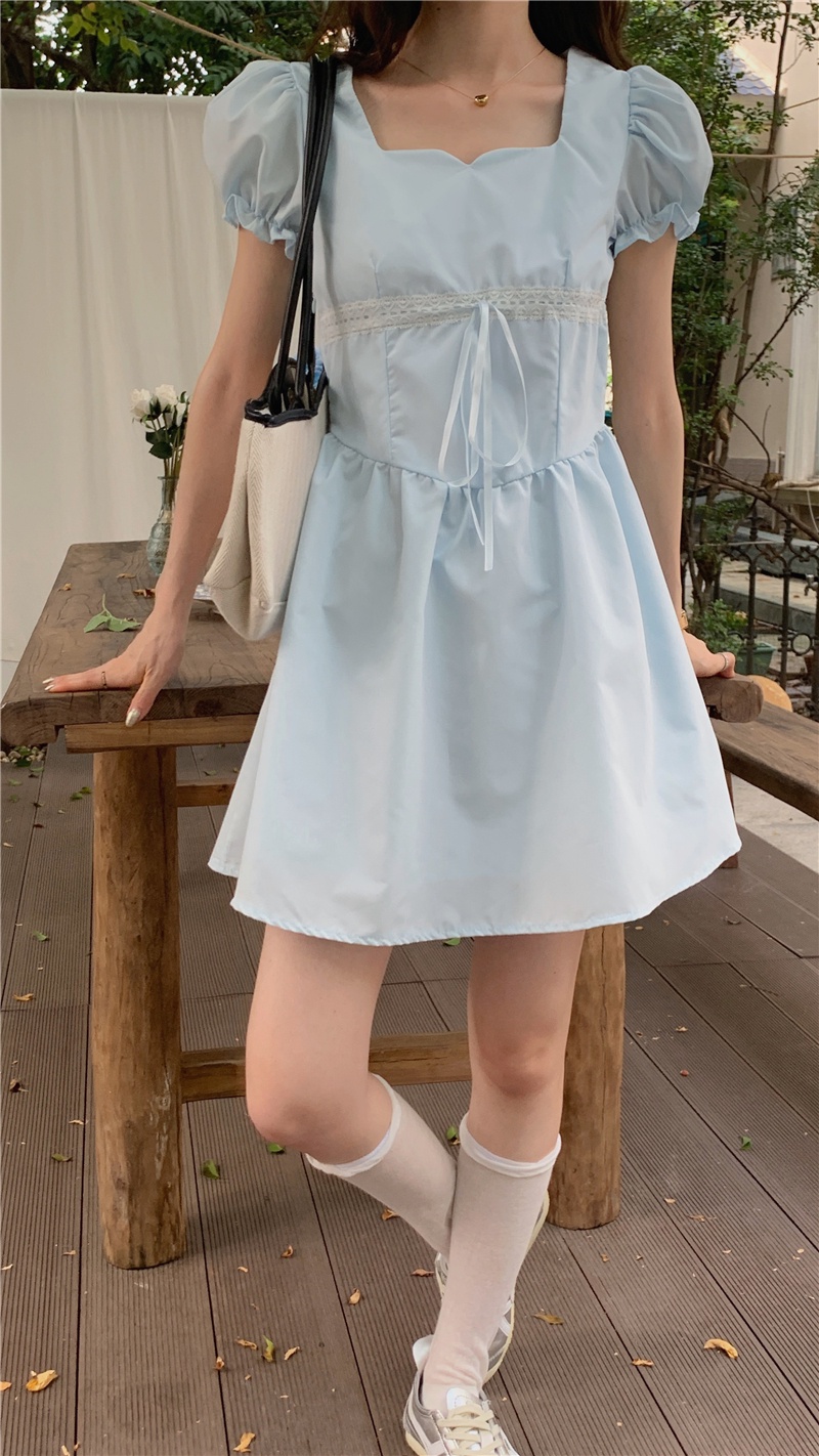 Đầm Tay Phồng Cổ Vuông Đính Nơ Màu Xanh Dương Thời Trang Mùa Hè Phong Cách Mới 65558