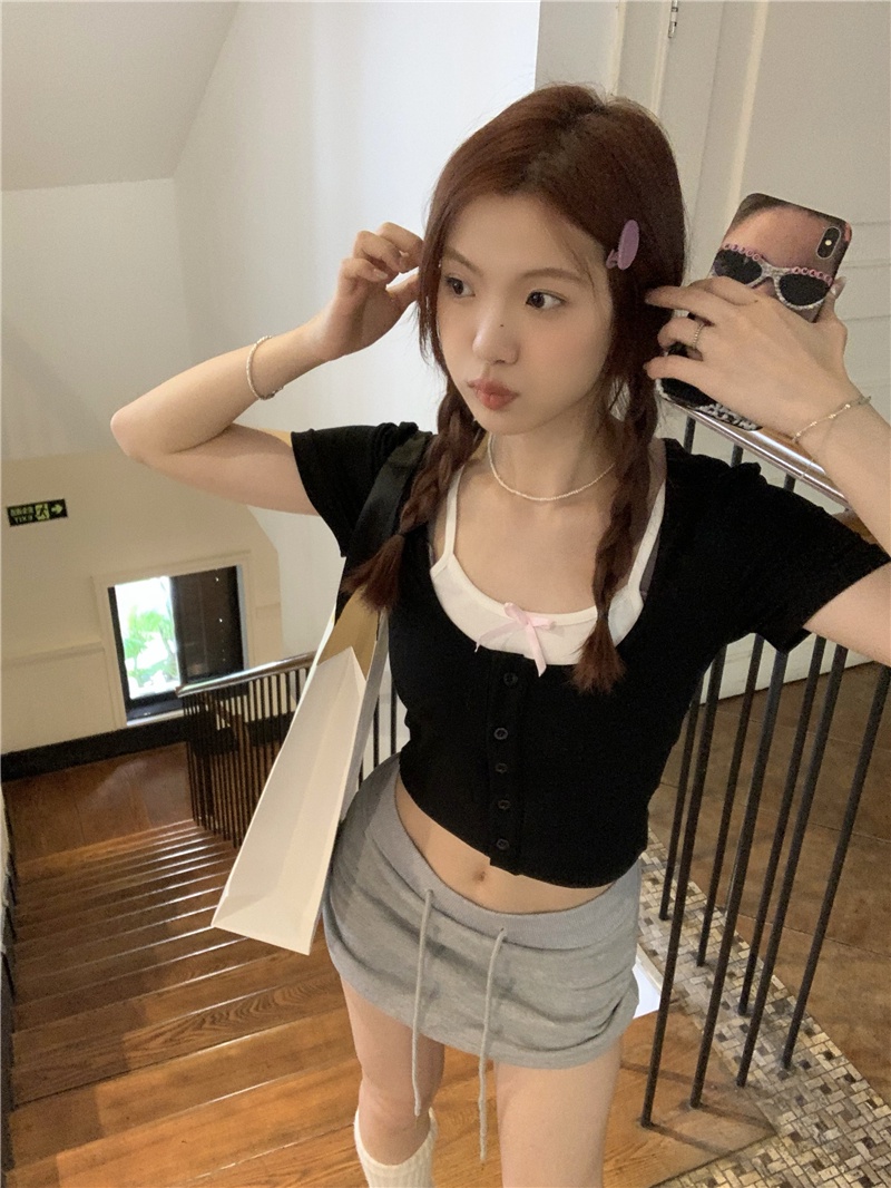 Áo Thun Ngắn Tay Phối Màu Tương Phản Giả Hai Lớp Phong Cách Mới 65711