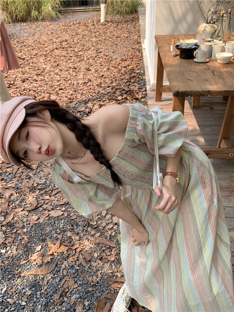 Đầm Tay Phồng Họa Tiết Kẻ Sọc Nhiều Màu Sắc Thời Trang Mùa Hè 65755