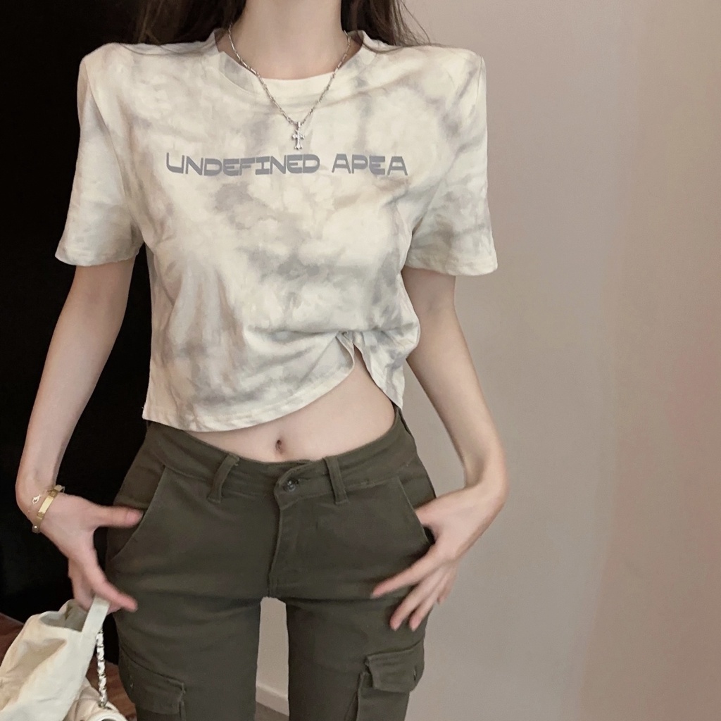 Áo Thun Ngắn Tay Dáng Rộng In Chữ Phối Màu Nhuộm Cá Tính