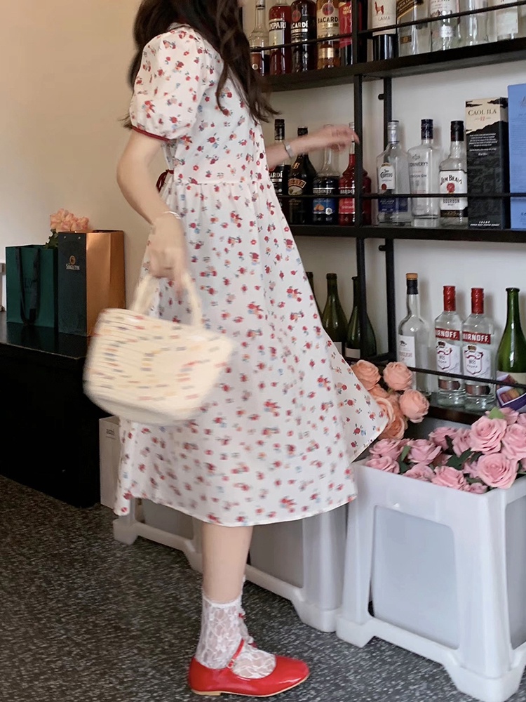 Mới Đầm MIDI Cột Dây Eo Họa Tiết Hoa Nhỏ Màu Tương Phản Xinh Xắn Thời Trang Cho Nữ