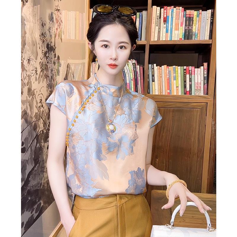 Áo Sơ Mi Chiffon Tay Ngắn In Hình Hoa Trà Phong Cách Trung Quốc Cổ Điển Thời Trang Cao Cấp 2023 Mới