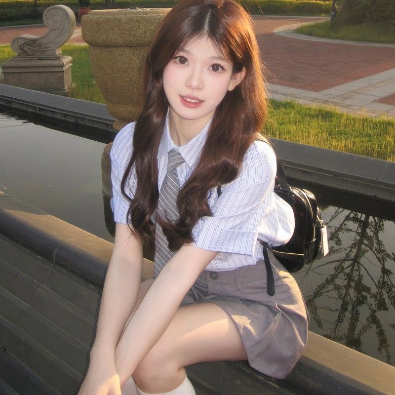 Áo Sơ Mi Sọc Xanh Của Trường, Nữ Sinh Mùa Hè, Eo Cao, Hai Bộ Váy Nửa Người.