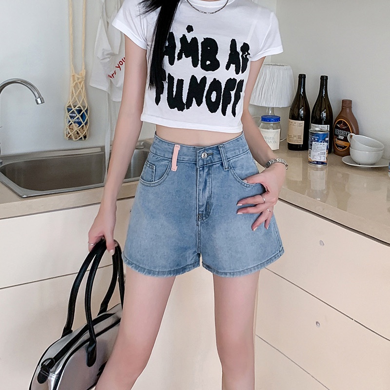 Quần Short denim Chữ A Lưng Cao Viền Tua Rua Thêu Họa Tiết Màu Tương Phản Phong Cách Hàn Quốc Thời Trang Mùa Hè Cho Nữ