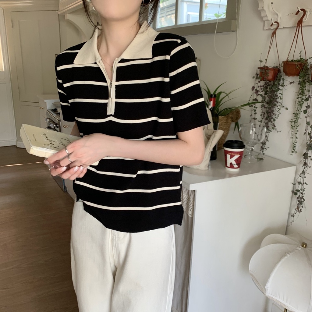 Áo polo Dệt Kim Kẻ Sọc Dáng Rộng Ngắn Tay Phối Khóa Kéo Thời Trang Mùa Xuân Hàn Quốc 62208