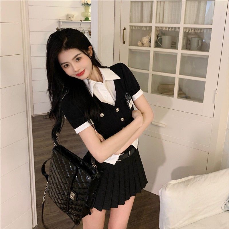 Ngọt ngào mát mẻ cô gái Mỹ học viện phong cách thiết lập váy va chạm màu ghép giả hai mảnh đầu cao eo váy xếp li thời