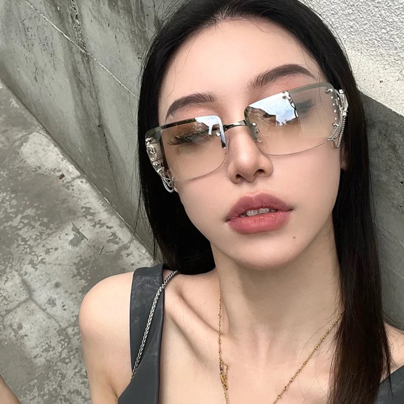 Kính Mát Không Gọng Y2K Đính Kim Cương Giả Phong Cách Đường Phố retro Cho Nữ