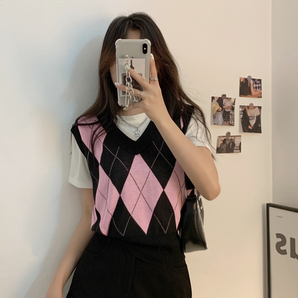 Áo Dệt Kim Mỏng Sát Nách Cổ Chữ V Ôm Dáng Màu Sắc Tương Phản Phong Cách Retro