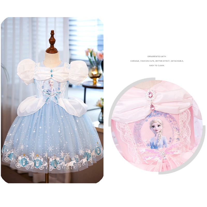 Đầm Hóa Trang Công Chúa Elsa Phối Lưới Đính Kim Sa Kèm Áo Choàng Cho Bé Gái