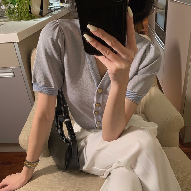 Áo Cardigan Dệt Kim Tay Ngắn Cổ Chữ v Đơn Giản Thời Trang Mùa Hè Phong Cách Hàn Quốc