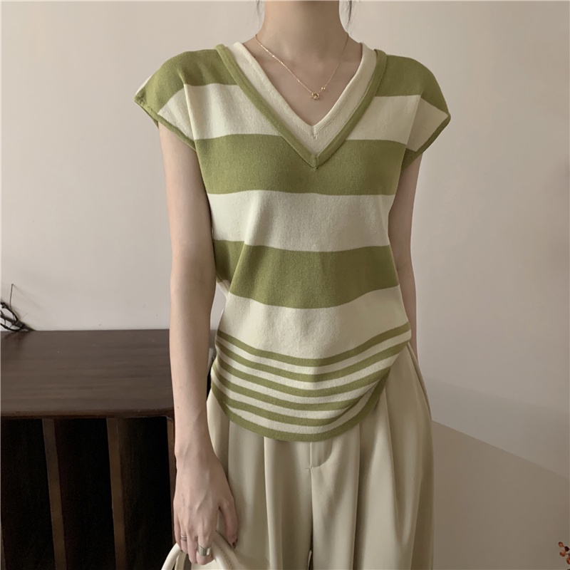 Áo Thun Ba Lỗ Giả Hai Lớp Cổ v Kẻ Sọc Màu Sắc Tương Phản Thời Trang Mùa Hè 65071