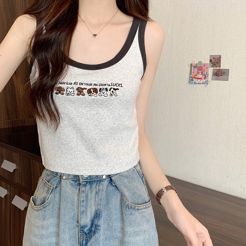 Áo Hai Dây Thêu Họa Tiết Màu Sắc Tương Phản Phong Cách Retro Mỹ 65110