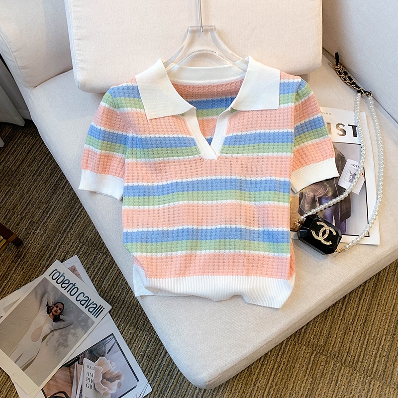 Áo polo Dệt Kim Mỏng Kẻ Sọc Màu Tương Phản Thiết Kế Mới Mùa Hè Cho Nữ