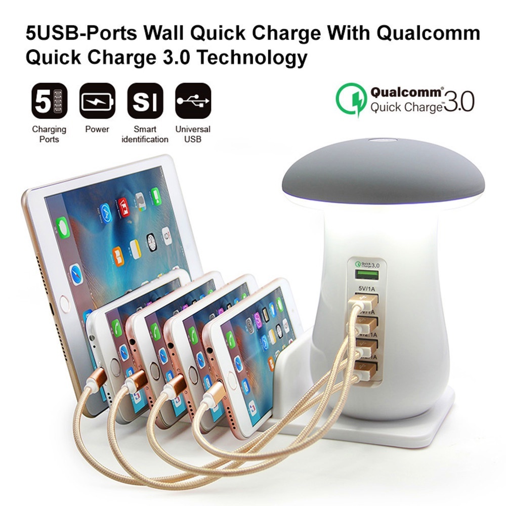 Củ Sạc Nhanh QC 3.0 5 Cổng USB 5 Cổng Gắn Tường Đa Năng Có Đèn LED