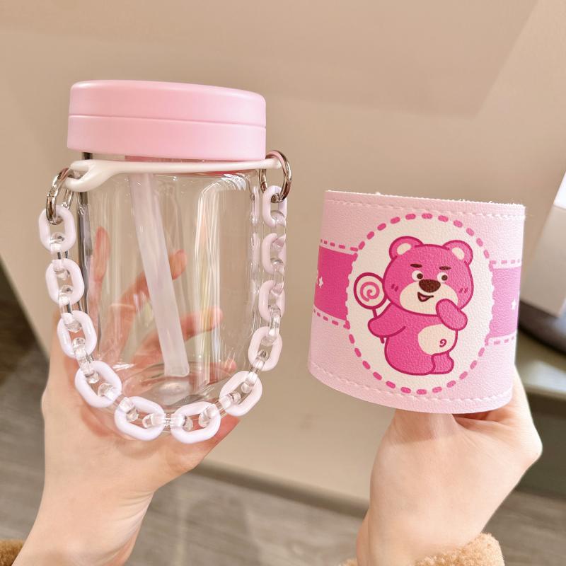 Bình nước/ ly cốc gấu dâu Losto kèm ống hút + bao da + dây đeo