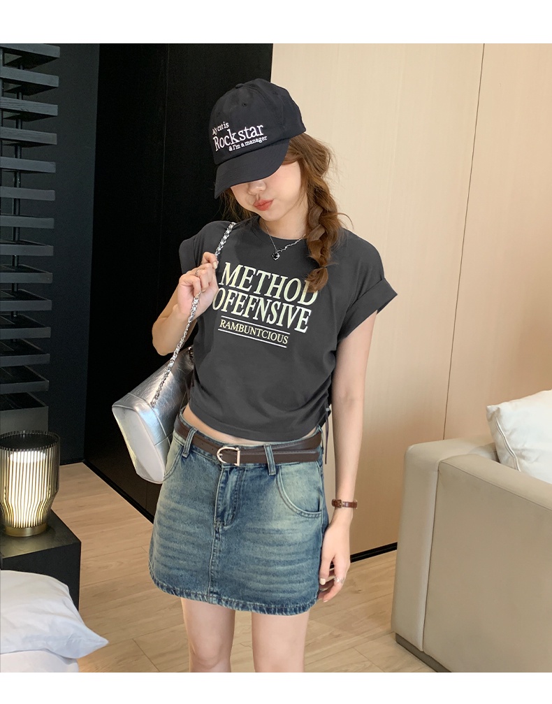 Áo Thun Cộc Tay Dáng Ôm Phối Dây Rút In Chữ Phong Cách Mỹ Thời Trang Mùa Hè 64286