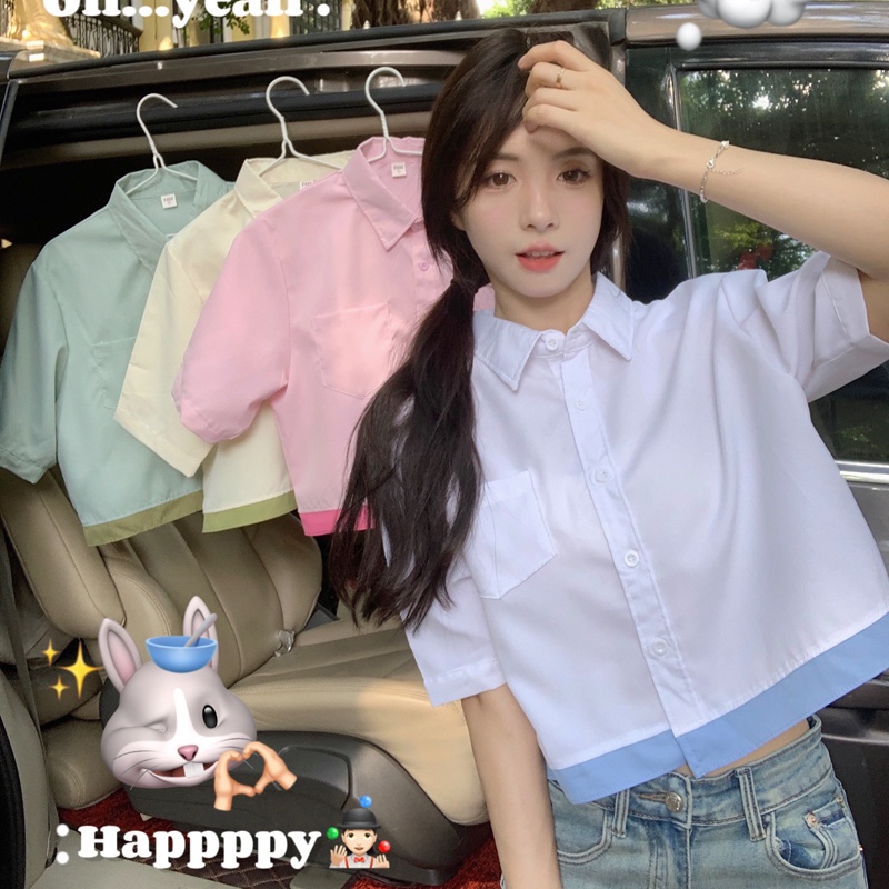 Áo Croptop Tay Ngắn Oversize Màu Sắc Tương Phản Phong Cách Hàn Quốc Cho Nữ