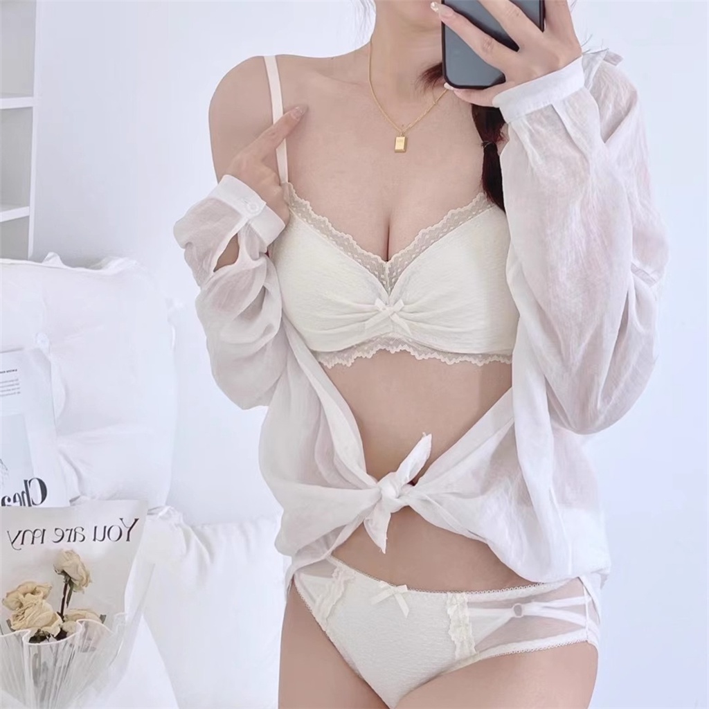 Set sexy nơ phụ nữ áo ngực ren + quần lót liền mạch thoải mái cúp mỏng cô gái thanh niên đồ lót không dây đẩy lên bralette đồ lót nữ