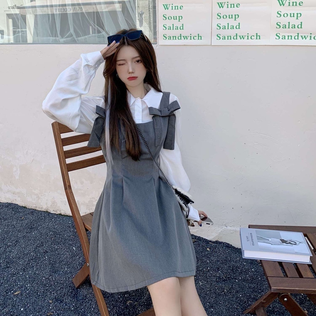 𝑨𝒏𝒏𝒂𝒔𝒉𝒐𝒑 Set 2 Mảnh Áo Sơ Mi Dài Tay Phối Váy Chít Eo Xinh Xắn