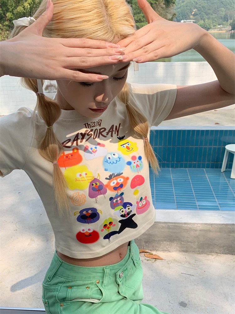 Áo Thun Cotton Dáng Ôm Ngắn Tay In Hoạt Hình Thời Trang Mùa Hè Năng Động 63082