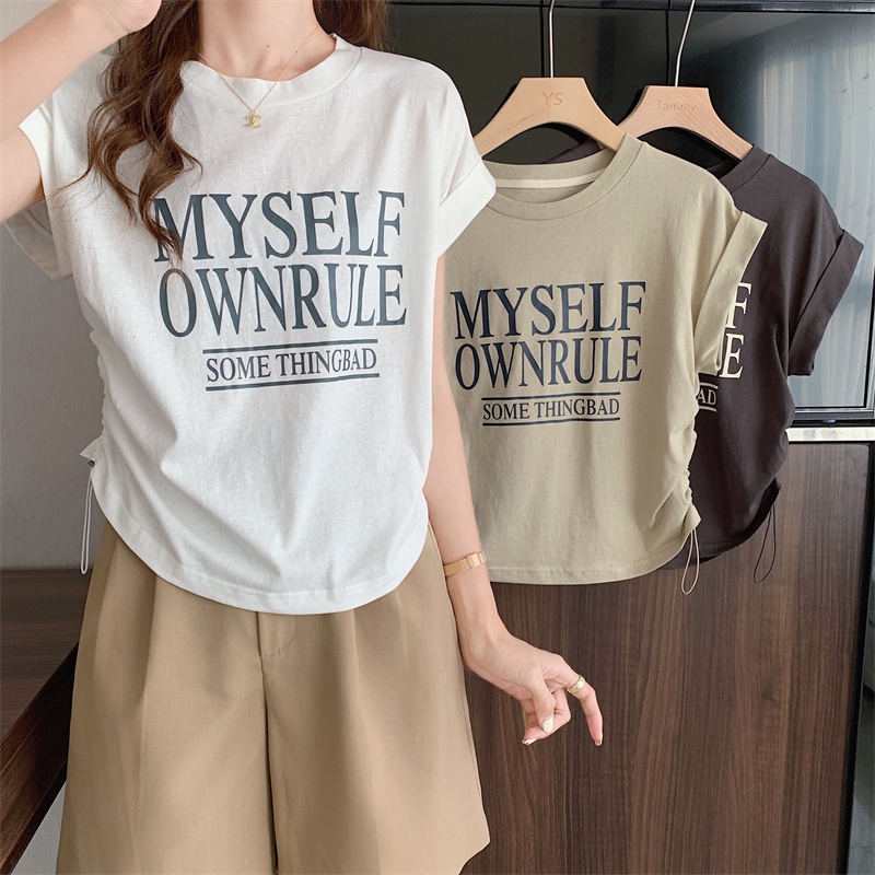 Áo Thun Cộc Tay Cổ Tròn In Chữ Mùa Hè Có Dây Rút Cho Nữ 63973