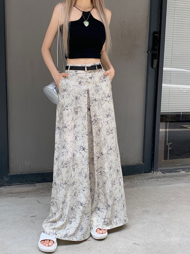Quần Ống Rộng Lưng Cao In Hoa Phối Thắt Lưng Phong Cách Hàn Quốc Mới 64557