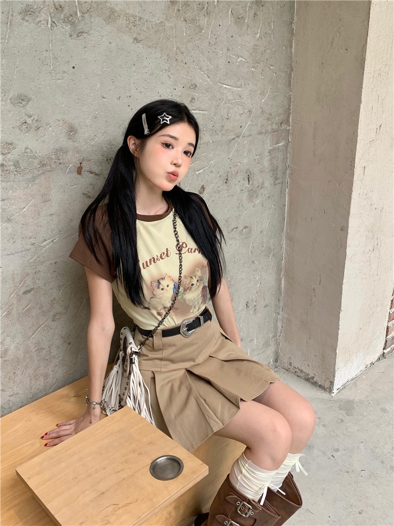 Áo Thun / Váy In Hình Mèo Phong Cách Mới 64930 Kèm Thắt Lưng