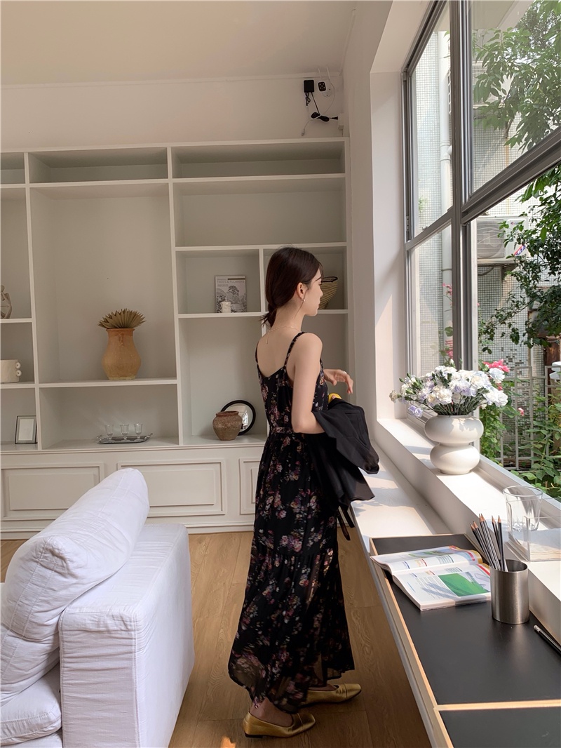 Đầm Hoa Hai Dây Kèm Thắt Lưng Phong Cách Retro Hàn Quốc 65576