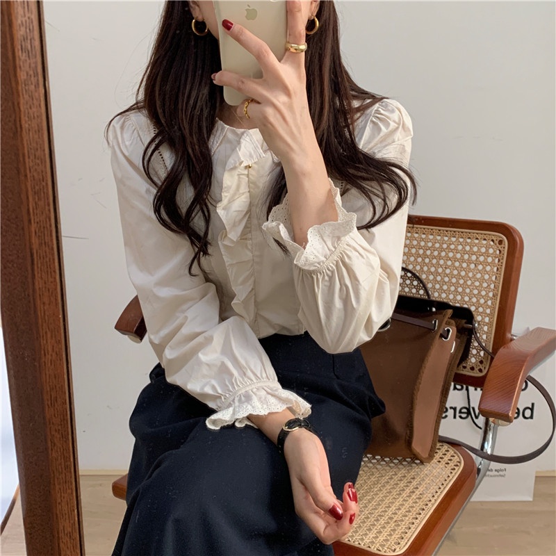 Áo Sơ Mi Dài Tay Phối Ren Màu Sắc Trơn Phong Cách Hàn Quốc 40052