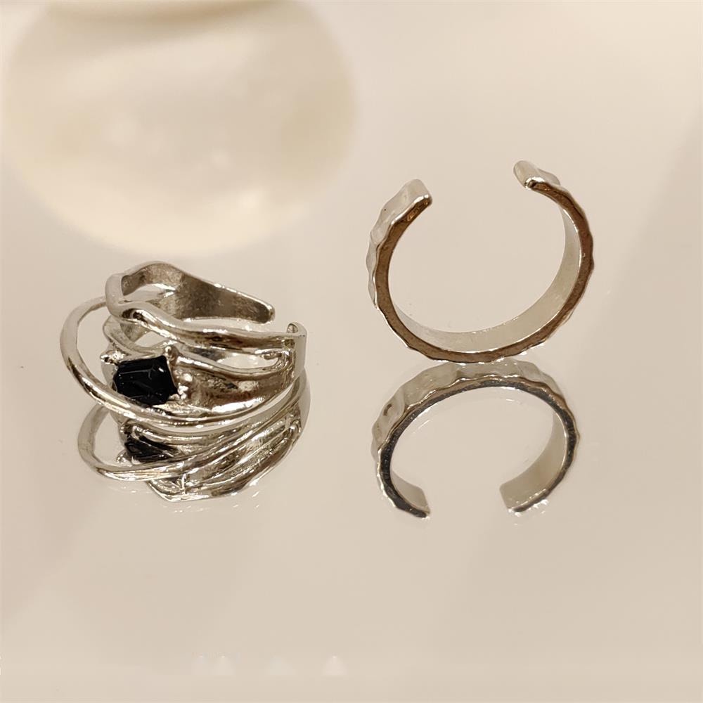 Nhẫn Hở Đính Đá Zircon Màu Đen Phong Cách Retro Hàn Quốc Chất Lượng Cao