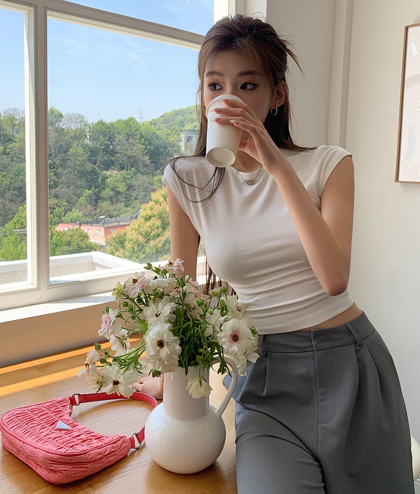 Áo Thun Cổ Tròn Tay Ngắn Dáng Ôm Màu Sắc Đơn Giản Thời Trang Cho Nữ 64044