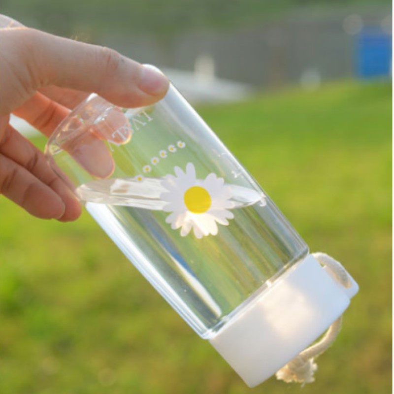 Backpack Bear Bình nước nhựa trong suốt 480ml họa tiết hoa cúc vàng xinh xắn