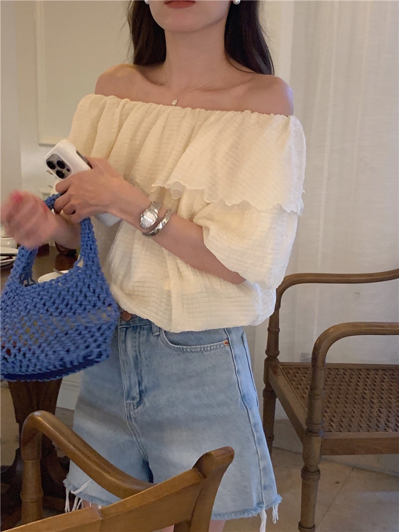 Áo Sơ Mi Ngắn Tay Cổ Phối Ren Đơn Giản Theo Phong Cách Hàn Quốc 64523