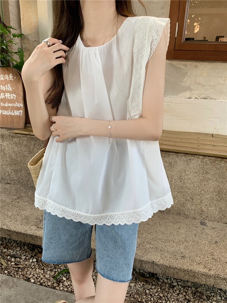 Áo Sát Nách Cổ Tròn Màu Trơn Phối Ren Lỗ Thời Trang Mùa Hè Phong Cách Pháp Hàng Mới 65060