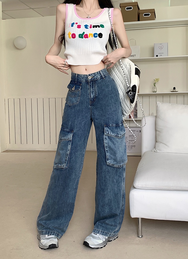 Áo Hai Dây Dệt Kim Ngắn / Quần Jean Ống Rộng Phong Cách Mới Mùa Hè 65886