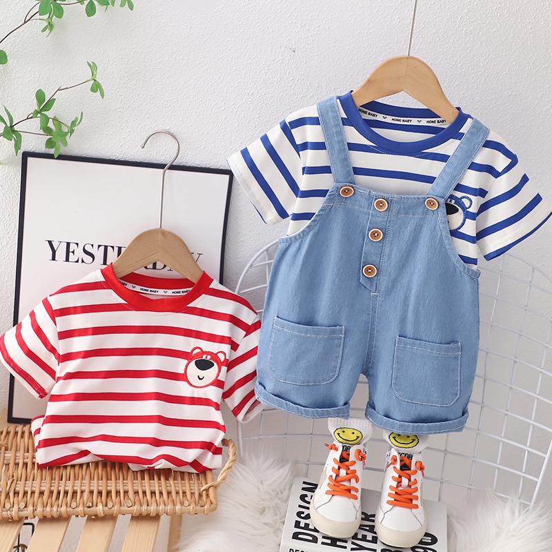 Bộ Áo Sơ Mi Kẻ Sọc Ngắn Tay In Hoạt Hình + Quần Yếm Denim Thời Trang Mùa Hè Cho Bé