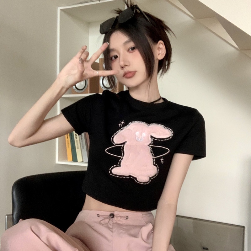 Áo Thun Ngắn Tay Dáng Rộng Thêu Hình Thỏ Nhồi Bông Phong Cách Thời Trang Dành Cho Nữ