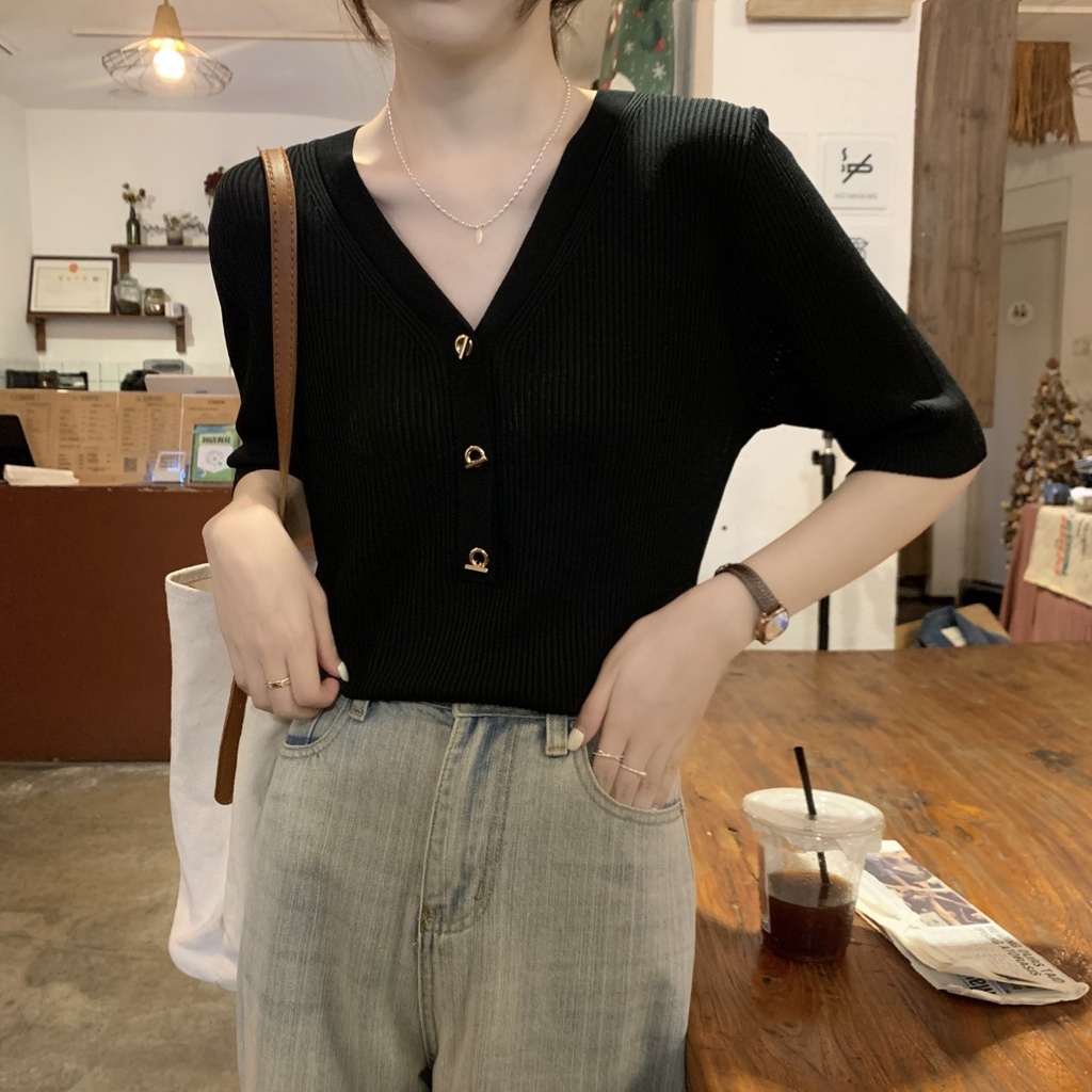 Áo Dệt Kim Cài Nút Kim Loại Dáng Rộng Cổ v Ngắn Tay Thời Trang Xuân Hè Hàn Quốc 6296