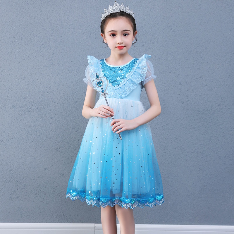 Đầm Công Chúa Elsa Tay Ngắn Phối Lưới Màu Gradient Xanh Dương / Trắng Thời Trang Cho Bé Gái