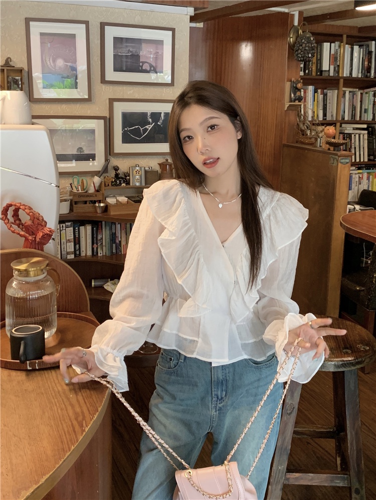 Áo Sơ Mi Cổ Chữ v Viền Bèo Phong Cách Hàn Quốc Kiểu Mới 64490