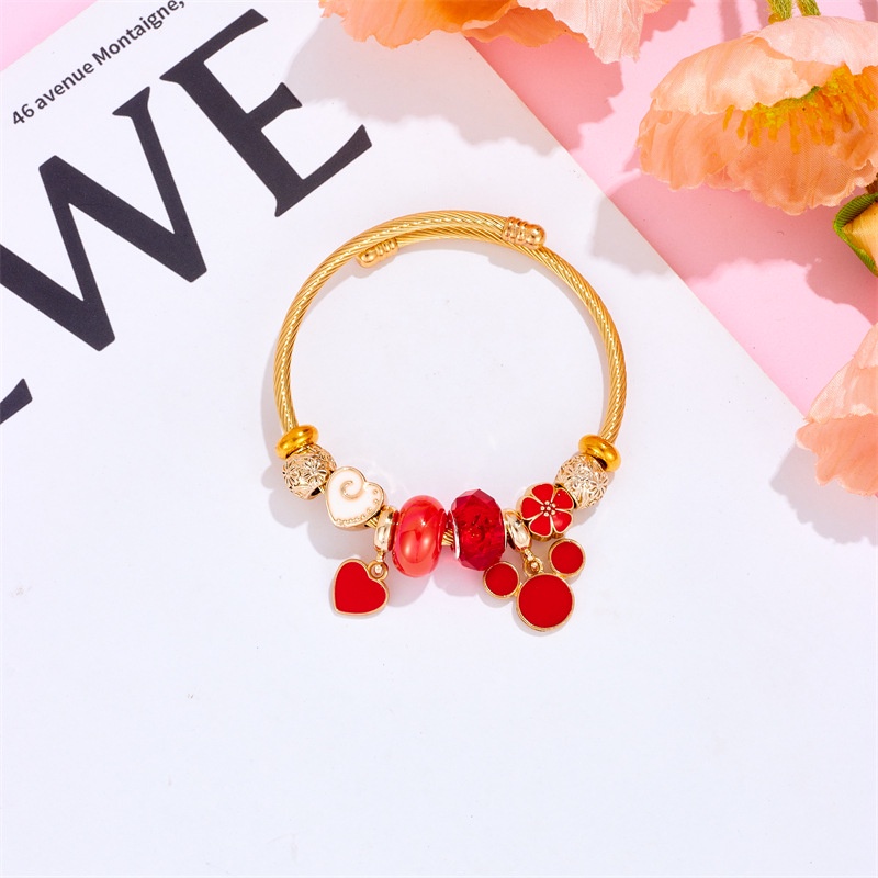 XiaoboACC Stainless Steel Cartoon Mickey Bangles Women Fashion Love Charm Beads Bracelets